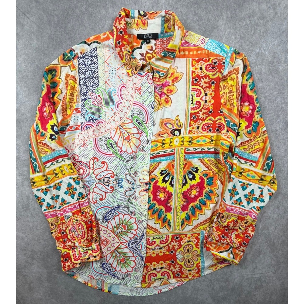 Lior Paris Womens XL Tunic Top Multicolor Paisley Abstract Button Up Roll Tab